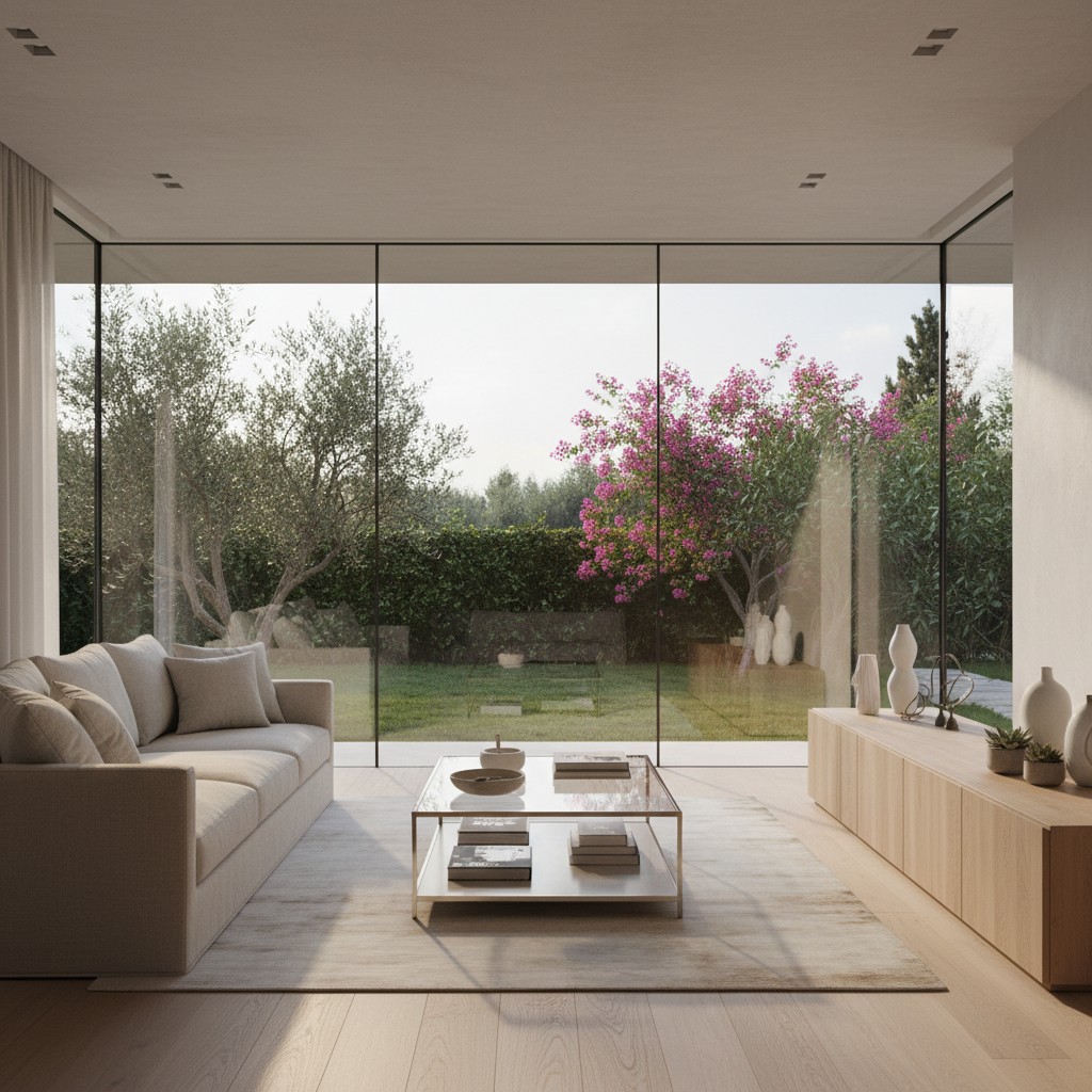 Un salotto elegante dalla finestra sporgente che si affaccia su un giardino ben curato.